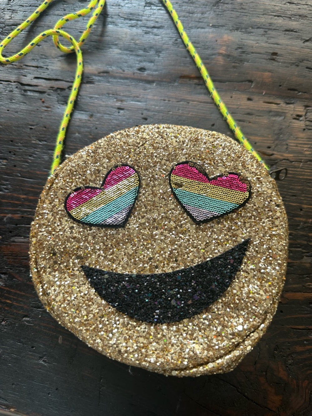 Crewcuts Gold Glitter Heart-Eyes Emoji Crossbody with Neon Strap